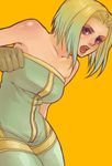  :o bare_shoulders blonde_hair blush boots breasts brown_gloves clenched_hand collarbone cowboy_shot final_fantasy final_fantasy_tactics gloves leaning_forward looking_at_viewer medium_breasts monk_(fft) open_mouth orange_background p's_oyasumichuu purple_eyes short_hair simple_background solo strapless teeth unitard 