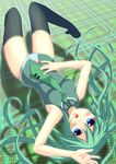  bad_id bad_pixiv_id blue_eyes blush green_hair hand_on_hip hatsune_miku long_hair necktie no_pants open_mouth oruto_(ort+) panties solo striped striped_panties thighhighs twintails underwear upside-down very_long_hair vocaloid 