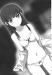  bare_shoulders bra collarbone frown greyscale highres ishida_kana lingerie long_hair mahouka_koukou_no_rettousei monochrome navel novel_illustration off_shoulder official_art panties scan shiba_miyuki solo underwear underwear_only undressing 