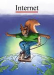 anthro bottomwear buckteeth clothing collar denim denim_bottomwear denim_clothing drkchaos earth forest_the_squirrel green_clothing green_collar green_shirt green_topwear hi_res internet jeans keyboard male mammal mouse murid murine pants planet rodent sciurid shirt solo surfing tail teeth topwear tree_squirrel velcro_footwear
