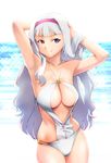  armpits bare_shoulders breasts cleavage cleavage_cutout face hairband idolmaster idolmaster_(classic) large_breasts long_hair o-ring o-ring_swimsuit one-piece_swimsuit purple_eyes shijou_takane silver_hair smile solo swimsuit ueyama_michirou 