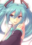  :d aqua_eyes aqua_hair detached_sleeves face garuku hatsune_miku headset highres long_hair necktie open_mouth smile solo twintails vocaloid 