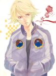  blonde_hair hands_in_pockets ivan_karelin jacket letterman_jacket male_focus purple_eyes purple_jacket solo tegaki tiger_&amp;_bunny uniinu 