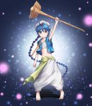  :| absurdres aladdin_(magi) arm_up barefoot blue_eyes blue_hair closed_mouth commentary_request flute hair_ornament hat highres holding holding_staff instrument long_hair looking_at_viewer magi_the_labyrinth_of_magic male_focus nani_(goodrich) navel sarashi simple_background solo staff standing very_long_hair white_hat 