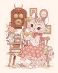  1girl animal_ears blush cat_ears cat_girl cat_tail chair classic_lolita commentary dress english_commentary floral_print flower furry furry_female green_eyes holding holding_phone indoors lolita_fashion open_mouth original phone pink_dress samantha_whitten sitting smile solo tail vase 