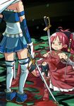  amputee bad_end bandages bare_shoulders black_legwear blood bloody_clothes boots bow broken cape clenched_teeth from_behind gloves guro hair_bow iken impaled injury mahou_shoujo_madoka_magica miki_sayaka multiple_girls ponytail red_eyes red_hair sakura_kyouko skirt sword teeth thighhighs torn_clothes torn_legwear weapon white_gloves white_legwear wince zettai_ryouiki 