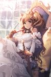 brown_hair candy dress food frills gathers hair_ribbon isfeldt kkuem lowres pillow ribbon sitting solo sword sword_girls twintails weapon 