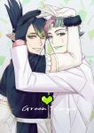  2boys apron aqua_hair aqua_lips arm_up black_dress black_gloves black_hair commentary_request confetti crossdressing dress elbow_gloves eyeshadow facial_mark folded_ponytail frilled_sleeves frills gloves gradient_hair green_eyes green_eyeshadow green_hair green_lips grey_background grin hair_between_eyes hanabatake_chaika hanabatake_chaika_(1st_costume) heart jacket joe_rikiichi joe_rikiichi_(1st_costume) long_sleeves looking_at_viewer looking_to_the_side makeup male_focus multicolored_eyeshadow multicolored_hair multiple_boys nijisanji orange_eyes parted_bangs parted_lips pink_hair pixel_heart pointy_ears purple_hair red_eyeshadow shippaiderman short_hair short_sleeves sidelocks smile streaked_hair teardrop_facial_mark teeth upper_body virtual_youtuber waist_apron white_apron white_gloves white_jacket 