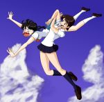  2girls :o black_hair black_legwear black_skirt blue_skirt blue_sky blush brown_eyes brown_footwear brown_hair canadawbd falling fumiko_(fumiko_no_kokuhaku) fumiko_no_kokuhaku kneehighs konno_makoto long_hair multiple_girls school_uniform shirt short_hair short_sleeves skirt sky socks tears toki_wo_kakeru_shoujo white_legwear white_shirt 