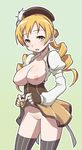  blonde_hair blush breasts corset drill_hair face haganemaru_kennosuke hat large_breasts long_hair mahou_shoujo_madoka_magica no_panties pubic_hair skirt skirt_lift solo striped striped_legwear thighhighs tomoe_mami vertical-striped_legwear vertical_stripes 