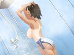  1girl blush breasts brown_hair cleavage eyes_closed game_cg hands_in_hair indoors knobs koi_to_mizugi_to_taiyo_to large_breasts naked nipples nude one-piece_swimsuit one_piece_swimsuit pov short_hair shower solo steam swimsuit tan tanline undressing wall washing water 