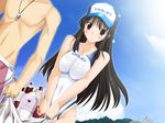 1boy 1girl bag blush bottle bottles breasts brown_hair cleavage cloud clouds dutch_angle frown game_cg hat jewelry koi_to_mizugi_to_taiyo_to large_breasts long_hair lotion maejima_aya necklace nervous one-piece_swimsuit one_piece_swimsuit open_mouth outdoors outside red_eyes sky swim_shorts swim_trunks swimsuit whistle 