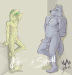  anthro balls canine duo erection green_eyes green_hair hair lagomorph looking_at_viewer male mammal muscles nipples nude one_eye_closed penis piercing rabbit seductive uncut wink wolf wolfyama 