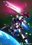  bandai battle beam_cannon beam_rifle char&#039;s_counterattack commentary_request energy energy_beam energy_cannon energy_gun glowing gundam gundam_arsenal_base machinery mecha mecha_focus mobile_suit no_humans nu_gundam nu_gundam_(rx-93ff) official_art robot science_fiction serike_w space thrusters v-fin weapon 