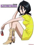  absurdres black_hair bleach blue_eyes boots cellphone cowboy_boots dress highres kubo_taito kuchiki_rukia phone short_hair sitting solo transparent_background vector_trace yellow_dress 