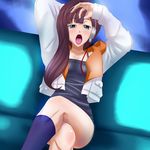  blue_eyes brown_hair crossed_legs headphones highres jacket kneehighs naughty_face open_mouth sacred_seven shorts sitting socks solo sp_(sacred_seven) tank_top tongue watarui 