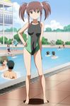  bandaid brown_hair highres kiss_x_sis one-piece_swimsuit pool screencap solo_focus suminoe_riko swimsuit twintails 