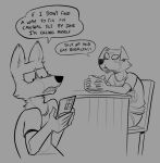 2024 anthro border_collie braces breakfast canid canine canis clothed clothing collie complaining dialogue domestic_dog duo ear_piercing eating electronics female female/female food fully_clothed furniture herding_dog hi_res humor keadanger mammal meme monochrome pastoral_dog phoenix_(keadanger) phone piercing sandwich_(disambiguation) sandwich_(food) sheepdog shitpost simple_background sitting standing table tessa_(keadanger) unknown_species