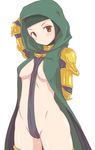  armor between_breasts blush breasts brown_eyes final_fantasy final_fantasy_tactics hood looking_at_viewer meliadoul_tengille minnku no_panties simple_background solo standing white_background 