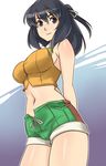  alternate_costume ao_no_kiseki arms_behind_back black_eyes black_hair blue_eyes blue_hair eiyuu_densetsu gus_(clarkii) hair_ribbon half_updo midriff ribbon rixia_mao shorts solo 