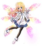  bad_id bad_pixiv_id black_legwear blonde_hair blue_eyes blush chakram choker coat collet_brunel full_body happy highres izumi_haruri long_hair open_mouth pantyhose pink_wings shoes smile solo sparkle tales_of_(series) tales_of_symphonia weapon wings 
