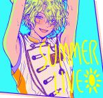  1boy aqua_background armpits arms_up backlighting blush collared_vest ensemble_stars! green_eyes grin hair_between_eyes half-closed_eyes halftone highres long_bangs looking_at_viewer male_focus mo_ja parted_bangs purple_eyes saturated short_hair simple_background smile summer sweat tomoe_hiyori vest wet white_vest 