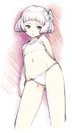  bangs blunt_bangs blush bob_cut bra child cozy flat_chest green_eyes highres lingerie navel original panties pink_hair ribbon short_hair sketch solo training_bra underwear underwear_only 