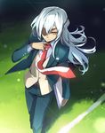  clipboard daqshu dark_skin dark_skinned_male eyepatch field formal grass inazuma_eleven_(series) inazuma_eleven_go long_hair male_focus necktie older sakuma_jirou solo suit white_hair 