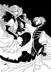  bad_id bad_tumblr_id cape caress cloak elaine_(pixiv_fantasia) eye_contact flower greyscale hair_flower hair_ornament looking_at_another maruco monochrome pixiv_fantasia pixiv_fantasia_3 rose solo sword weapon 