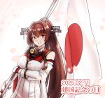 1girl breasts brown_eyes brown_hair cherry_blossoms clothing_cutout collar flag flower furaggu_(frag_0416) hair_between_eyes hair_flower hair_intakes hair_ornament headgear highres holding holding_flag japanese_flag kantai_collection large_breasts long_hair looking_at_viewer metal_collar pleated_skirt ponytail sakuramon shoulder_cutout sidelocks skirt smile solo very_long_hair white_skirt yamato_(kancolle) yamato_kai_ni_(kancolle) 