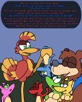 angry anthro avian banjo-kazooie banjo_(banjo-kazooie) bear breasts breegull dialogue female feral group half-closed_eyes happy holding_(disambiguation) holding_with_foot imminent_sex jinjo kakroon kazooie male male/female mammal narrowed_eyes non-mammal_breasts rareware skeptical upside_down