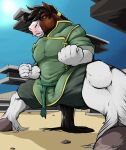 anthro black_mane bodily_fluids brown_body brown_eyes brown_fur clothing construction construction_site construction_worker earth_manipulation elemental_manipulation equid equine fist fur green_clothing green_shirt green_topwear hi_res hooves horse male mammal mane pandottermon power_stance shirt solo steel_beam sweat tail topwear white_body white_fur