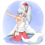  alternate_hairstyle animal_ears breasts from_behind hat holding_arm inubashiri_momiji looking_back no_bra noa_(nagareboshi) outstretched_arm ponytail red_eyes side_slit sideboob silver_hair small_breasts solo tail tokin_hat touhou wading water wolf_ears wolf_tail 