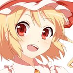  blonde_hair bow close-up eyebrows_visible_through_hair face flandre_scarlet frilled_shirt_collar frills hat hat_bow light_smile open_mouth red_bow red_eyes sakuraba_hinano short_hair solo touhou white_background white_hat 