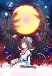  arm_cannon black_wings bow brown_hair cape damaged energy_ball glowing hair_bow highres large_wings radiation_symbol red_eyes reiuji_utsuho shirt sitting skirt solo space symbol-shaped_pupils third_eye torn_clothes touhou tri wariza weapon wings 