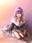  bow_(bhp) breasts cleavage face japanese_clothes kimono large_breasts lips long_hair original purple_hair red_eyes sitting solo wariza 