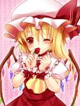  ascot blonde_hair flandre_scarlet food fruit hat holding holding_food holding_fruit irori one_eye_closed red_eyes side_ponytail solo strawberry touhou wings wrist_cuffs 
