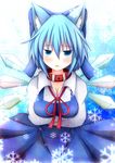  alternate_breast_size animal_ears bad_id bad_pixiv_id beni_shake blue_eyes blue_hair blush bow breasts cat_ears cirno collar fairy hair_bow kemonomimi_mode large_breasts short_hair solo touhou wings 
