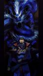  1boy ace_attorney black_hair blood blood_on_clothes blue_pants clenched_hand dhurke_sahdmadhi dragon eyepatch glaring gunshot_wound high_collar highres injury looking_at_viewer male_focus medium_hair pants phoenix_wright:_ace_attorney_-_spirit_of_justice pillarboxed sano_(hospital_0434) scar scar_across_eye solo spoilers yellow_eyes 