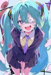  1girl :d absurdres aqua_hair blue_eyes collared_shirt eyepatch freckles hair_between_eyes hatsune_miku heart heart-shaped_pupils highres hutaba_haru long_hair looking_at_viewer medical_eyepatch monitoring_(vocaloid) necktie open_mouth round_teeth shirt smile solo symbol-shaped_pupils teeth twintails very_long_hair vocaloid 