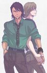  bad_id bad_pixiv_id barnaby_brooks_jr belt blonde_hair brown_eyes brown_hair facial_hair glasses green_eyes holding_hands jewelry kaburagi_t_kotetsu male_focus mattsu multiple_boys necklace necktie shirt stubble studded_belt t-shirt tiger_&amp;_bunny 