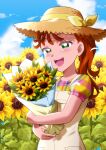  1girl absurdres blush bouquet brown_hair brown_hat cloud commentary_request field flower flower_field green_eyes hat highres holding holding_bouquet medium_hair multicolored_shirt natsuumi_manatsu open_mouth overalls ponytail precure raina_(14758801) short_sleeves sky smile solo straw_hat sunflower sunflower_field tropical-rouge!_precure yellow_overalls 