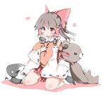  ascot blush_stickers bow brown_hair cat detached_sleeves dress hair_bow hair_tubes hakurei_reimu heart heart_pillow kotatu_(akaki01aoki00) pillow pillow_hug red_dress red_eyes sitting smile solo stuffed_animal stuffed_toy teddy_bear touhou yin_yang 