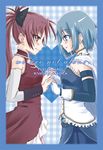  blue_eyes blue_hair blush eye_contact fang gloves heart holding_hands kanata_ryou looking_at_another mahou_shoujo_madoka_magica miki_sayaka multiple_girls ponytail red_eyes red_hair sakura_kyouko short_hair smile yuri 