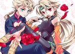 1girl bare_shoulders belt blonde_hair blood blue_eyes braid breasts collar detached_sleeves dio_brando earrings fang father_and_son flower genderswap genderswap_(mtf) giorno_giovanna headband heart jewelry jojo_no_kimyou_na_bouken knife long_hair medium_breasts open_mouth red_eyes red_flower red_rose rose single_earring tori_(10ri) 