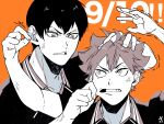  2boys anger_vein arms_up black_hair cheek_pull clenched_teeth collarbone collared_shirt commentary_request dated eye_contact fighting grabbing_another&#039;s_ear haikyuu!! hair_between_eyes hand_on_another&#039;s_ear hand_on_another&#039;s_head hinata_shouyou kageyama_tobio karasuno_volleyball_uniform looking_at_another male_focus motion_lines multiple_boys omg_genjitsu orange_background orange_hair shirt spiked_hair tears teeth trembling upper_body veins veiny_arms wing_collar 