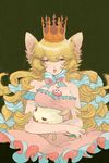  animal_ears bad_id bad_tumblr_id between_breasts blonde_hair blush breasts cleavage crown dress hug large_breasts livly_island long_hair maruco off_shoulder personification pink_dress ribbon solo striped striped_ribbon unaligned_breasts very_long_hair wind wind_lift yellow_eyes 