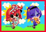  2girls a.i._voice adachi_rei alternate_eye_color black_eyes blue_sky border bow chibi cloud_background cosplay crazy dancing dress empty_eyes full_body furrowed_brow gloves grin hand_up hat hat_bow hill kepi mesmerizer_(vocaloid) metakirya military_hat multiple_girls nervous one_side_up open_mouth orange_hair outstretched_arm pants pinstripe_dress pinstripe_pattern pinstripe_shirt purple_eyes purple_hair purple_hat purple_pants purple_shirt red_border red_dress roller_skates shaded_face sharp_teeth shirt short_hair skates sky smile standing standing_on_one_leg teeth tongue tongue_out twitter_username utane_uta utau visor_cap wrist_cuffs yellow_gloves 