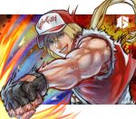  1boy ai_shou artist_name baseball_cap blonde_hair commentary english_commentary fatal_fury fatal_fury_cap fingerless_gloves gloves hat highres letterboxed long_hair ponytail solo street_fighter street_fighter_6 terry_bogard 