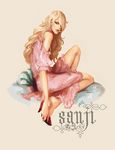  1boy blonde_hair blue_eyes character_name cigarette crossdress crossdressing dress hairy_legs high_heels male male_focus one_piece pink_dress red_shoes sanji shoes sitting smoke solo trap 